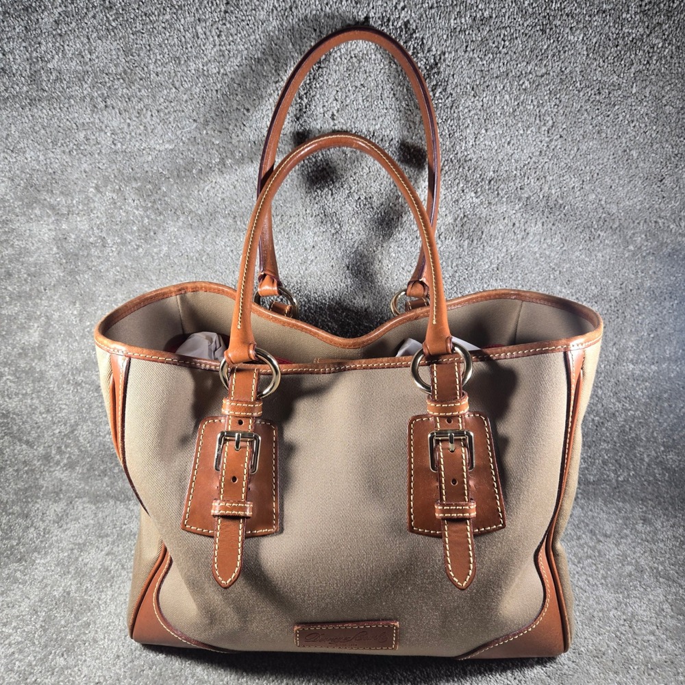 Dooney & Bourke Tote Bag Khaki Canvas Tan Leather Buckle Detail Womens Large